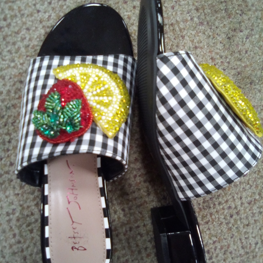 Betsey Johnson Black, Plaid, Fruit Sandals. More Sizes Now Available
